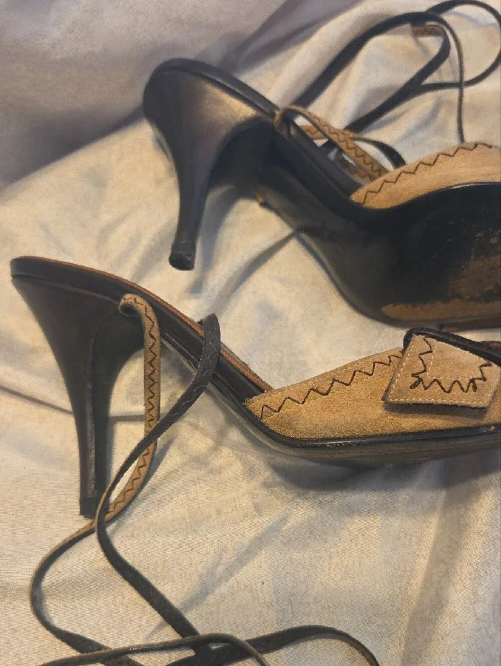 Casadei Tan Suede Pointed-Toe Lace-Up Heels with Gold Buckle